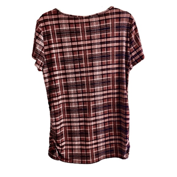 ELLE Ruched Top & Scarf Set Short Sleeve Scoop Neck Pink Plaid Large - Picture 3 of 11